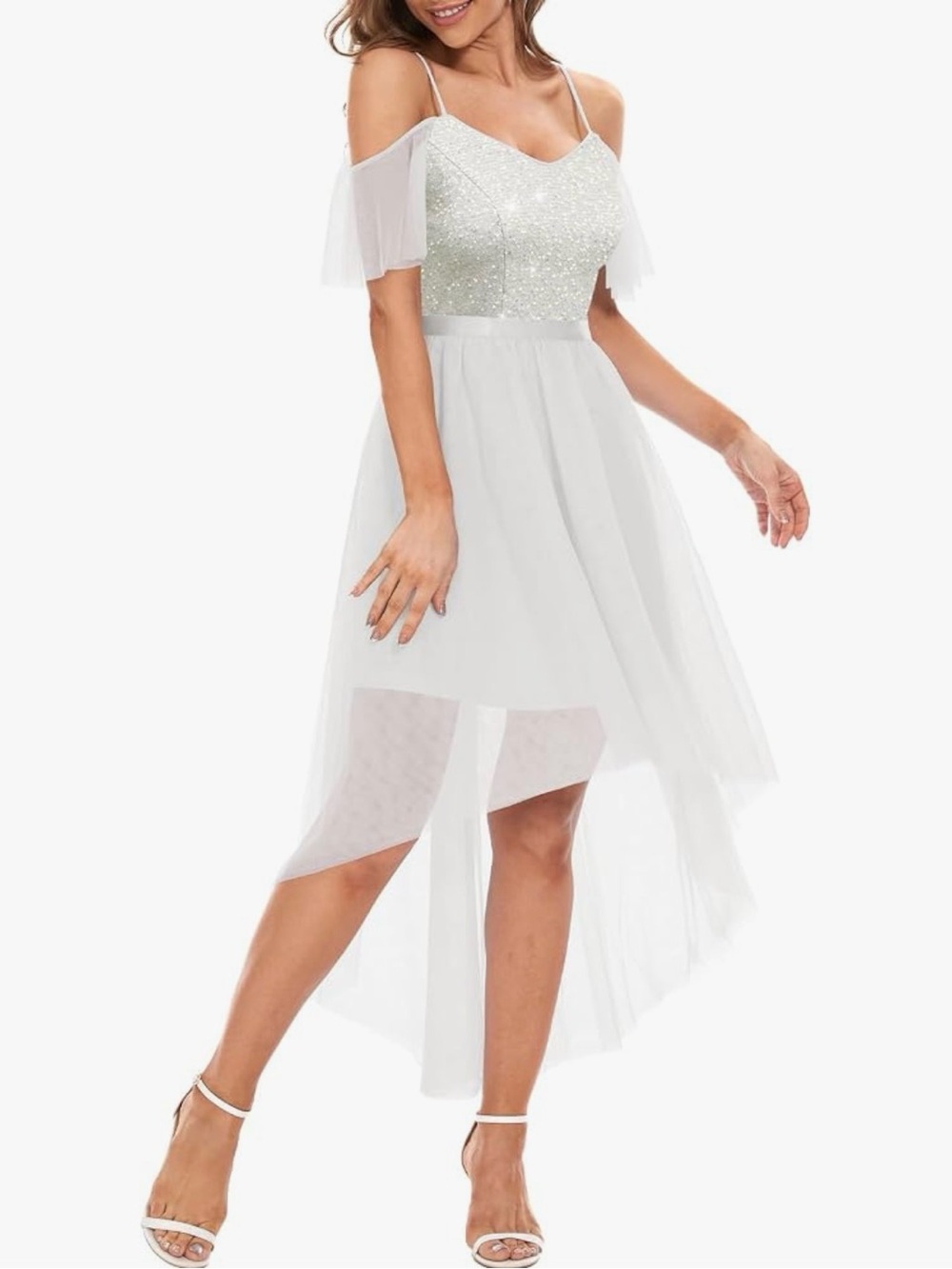 Elegant White Sequin Cold-Shoulder High-Low Dress
